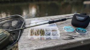 Flat-lay of essential ultra-light tackle including a drop shot rod, fluorocarbon leader, and small tackle box for perch fishing.