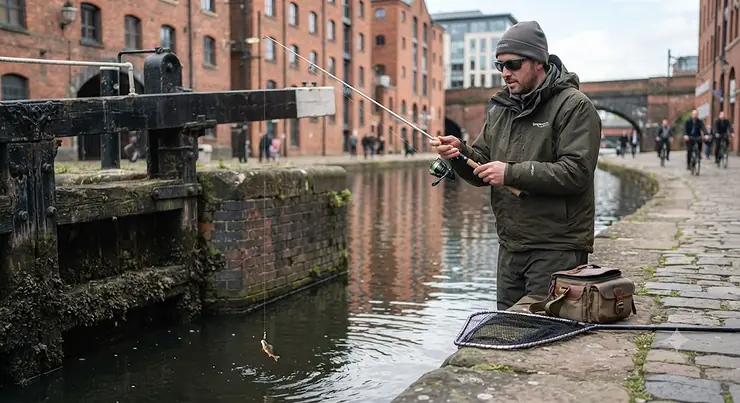 Angler urban street fishing with a drop shot rig near a canal lock gate, targeting wary perch in city waters. Drop Shot Fishing for Perch