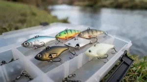 Metal blade vibration lures used to target deep-water zander during colder months in UK venues.