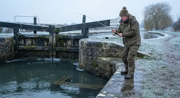 Angler vertical jigging with a drop shot rig beside a British canal lock during the colder winter months. Drop Shot vs Micro Jig for Perch