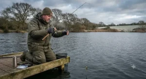 Deep gravel pit reservoir in winter where shoals of large perch gather, perfect for vertical drop shotting tactics.