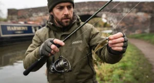 Frosty morning bankside scene illustrating slow-retrieval techniques with weighted micro jigs for sluggish winter perch.