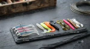 Natural and bright neon lure colours arranged to demonstrate optimal choices for clear versus coloured UK water.