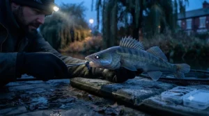 Frosty riverbank at dusk highlighting seasonal tactics for using zander lures during winter night fishing.
