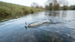 Angler demonstrating the erratic swimming action of a paddle tail lure favoured by UK predator fishers.