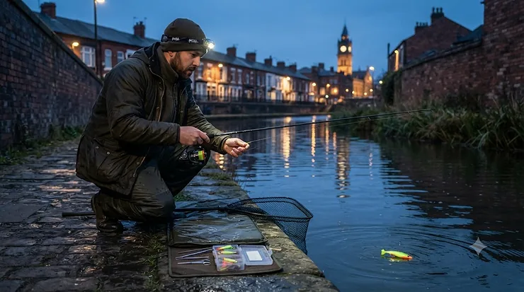 A selection of high-visibility zander lures arranged for night fishing on a UK canal, ready for targeting predatory fish after dark. zander lures for night fishing