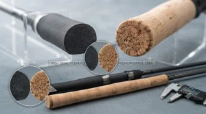 Comparison of EVA foam and cork handles on budget zander fishing rods.