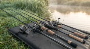 Selection of the best zander rods lined up on a bank for a UK tackle comparison review.