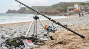 A beginner sea angler holding a 12ft beachcaster rod and fixed spool reel on a shingle beach in the UK.