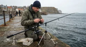 A manageable 12ft beachcaster rod being used for rock and pier fishing around the British coastline.
