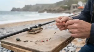 Close-up diagram showing the key parts of a 12ft beachcaster rod, including the butt grip and sensitive tip.