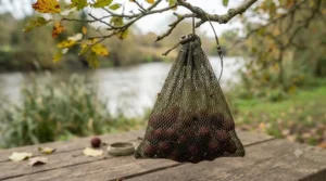 Air-dried barbel boilies stored correctly in mesh bags to maintain freshness for weekend fishing sessions.