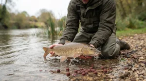 An angler successfully landing a specimen barbel caught using quality boilies on a UK chalk stream.