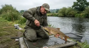 Successful specimen hunter unhooking a prime barbel landed on a stretch of the River Severn using pellet tactics.