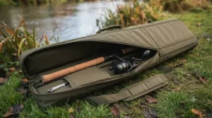 A complete ledger setup with a barbel rod resting on banksticks beside a classic UK river swim during autumn.