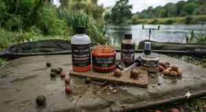 Fishmeal liquid attractants and glugs used to boost bait appeal for wary river barbel.