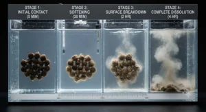 Infographic showing how quickly different coarse fishing pellets break down in cold versus warm water temperatures.