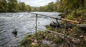 Complete barbel fishing setup featuring a specialized rod, fixed-spool reel, and braided mainline positioned on a riverbank.