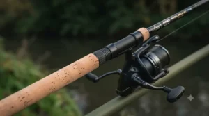 Close-up of a cork handle and heavy-duty reel seat on an affordable UK barbel rod, designed for secure grip during hard fights.