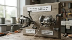 Diagram showing how line flows off a fixed spool compared to a revolving multiplier drum during beach casting