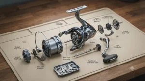 Diagram detailing the components of a beach fishing reel, including the drag system, spool, and handle for sea angling.