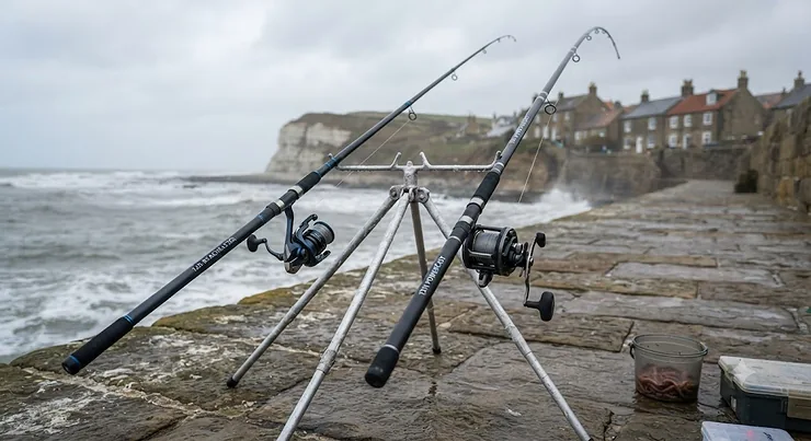 12ft and 13ft beachcasters paired with fixed spool and multiplier reels suitable for UK shore fishing. 12ft beachcaster vs 13ft beachcaster