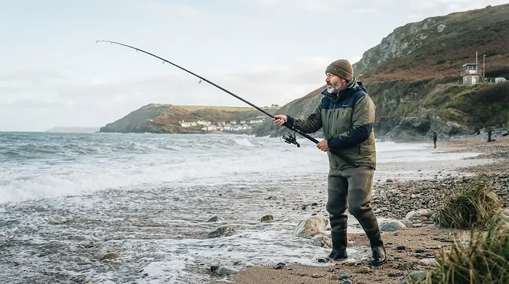 Angler using a high-performance beachcaster rod for rough ground sea fishing off a rocky UK coastline. beachcaster rod for rough ground