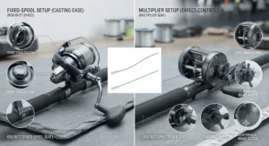 Recommended multiplier reel paired with a beachcaster rod for rough ground UK sea fishing.
