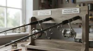 Side-by-side comparison of low rider rings for fixed spools and lined rings for multipliers on beachcaster rods