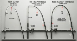 Diagram showing the action and test curve of a beachcaster rod suited for heavy cod fishing leads