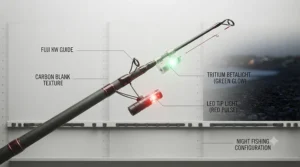 A beachcaster rod tip fitted with a chemical light for detecting delicate cod bites after dark