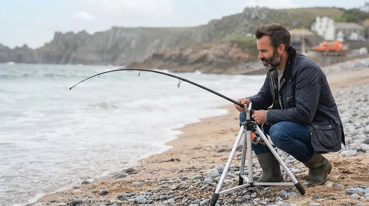 A classic UK sea fishing rig layout tied with fluorocarbon line and a lead weight for beachcasting. 12ft beachcaster for beginners