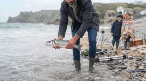 A beginner angler successfully landing a sea fish caught using a 12ft beachcaster outfit.