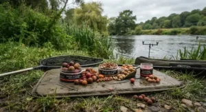 A selection of high-attract barbel bait packages costing under £20 arranged on a bankside by a British river.