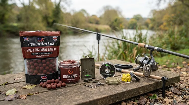 A selection of the best barbel boilies displayed next to a UK river, ideal for winter and summer ledgering. best barbel boilies