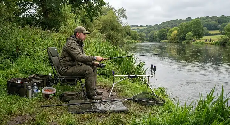 Angler holding a large barbel caught on the River Trent, showcasing top-performing barbel fishing pellets and tackle on a UK riverbank. best barbel pellets