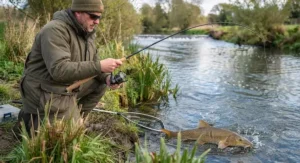 Selection of the best barbel rods under £50 laid out alongside fishing tackle and landing nets.