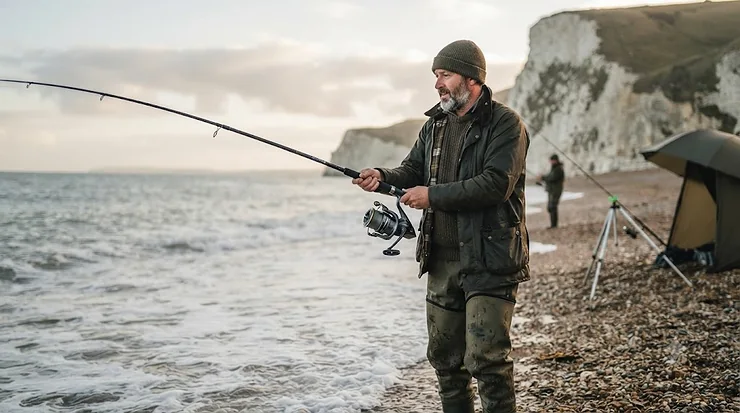 A high-performance beach fishing reel attached to a beachcaster rod on a shingle UK beach at sunrise, ideal for sea angling. beach fishing reels