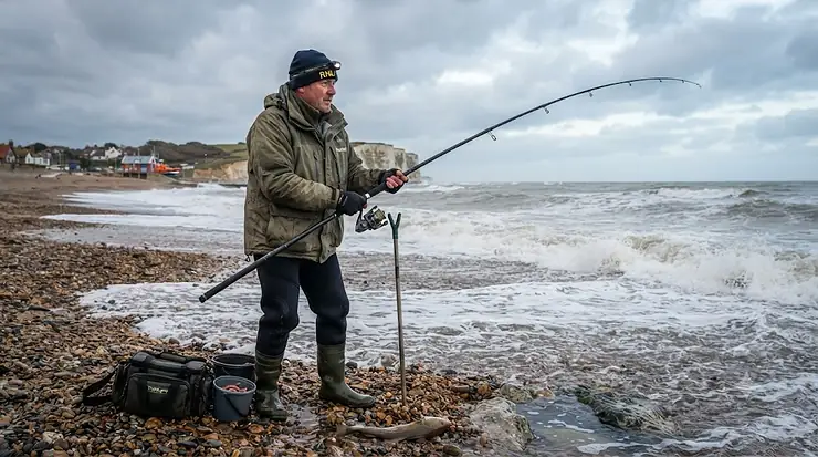 An angler holding a powerful beachcaster rod for cod fishing on a stormy British shingle beach beachcaster rod for cod fishing