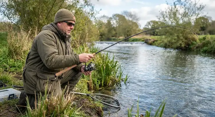 Angler holding a budget barbel rod by a British river targeting large freshwater fish. best barbel rod under £50