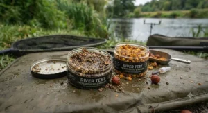 Prepared hemp seed and particle mix tins used to build a bed of feed in British rivers.