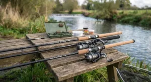 A complete budget river fishing setup featuring a low-cost barbel rod and fixed-spool reel.
