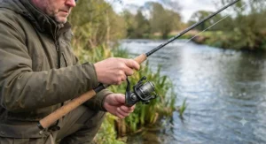 Sensitive quiver tip of a cheap barbel rod detecting bites on a sluggish river.