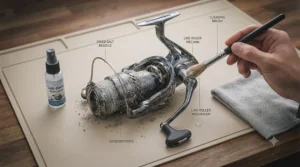 Rinsing salt spray off a corrosion-resistant beach fishing reel after sea fishing off the British coast.