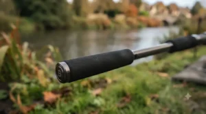 Durable duplon and shrink-wrap butt grip on a specimen rod, built to withstand rod pods and banksticks on British riverbanks.