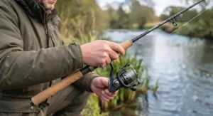 Durable ceramic line guides on an entry-level barbel rod set up with monofilament line.
