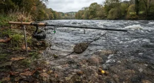 Specialized barbel rod equipped with a heavy feeder lead and specialized tackle for holding bottom in fierce river currents.