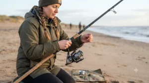 Beginner sea angler setting up a fixed spool reel for easy, tangle-free beach casting from a sandy UK beach
