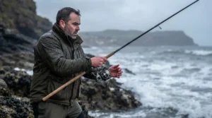 Fixed spool reel handling light lines and brisk winds during a winter cod session on a British coastline