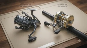 Comparison of a fixed-spool reel and a multiplier reel side by side for UK beach fishing and surfcasting.